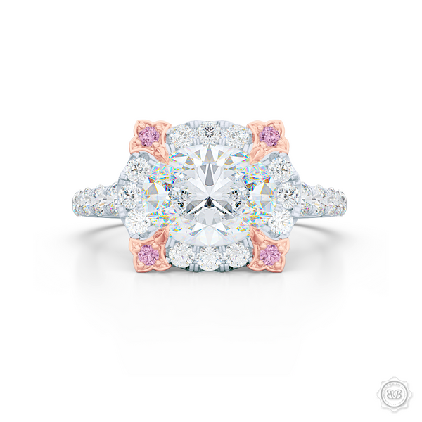 East-West Oval Diamond Halo Engagement Ring. Handcrafted in Precious Platinum or White Gold. GIA Certified Oval Diamond. Vintage-inspired lines with a unique flower prong accents, adorned with Fancy Pink Diamonds. Free Shipping USA. 30-Day Returns | BASHERT JEWELRY | Boca Raton, Florida