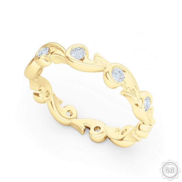 Rose-Vine Motif Eternity Diamond Wedding Band. Handcrafted in Classic Yellow Gold, and adorned with Round Brilliant  Diamonds. Free Shipping for All USA Orders. 30Day Returns | BASHERT JEWELRY | Boca Raton, Florida