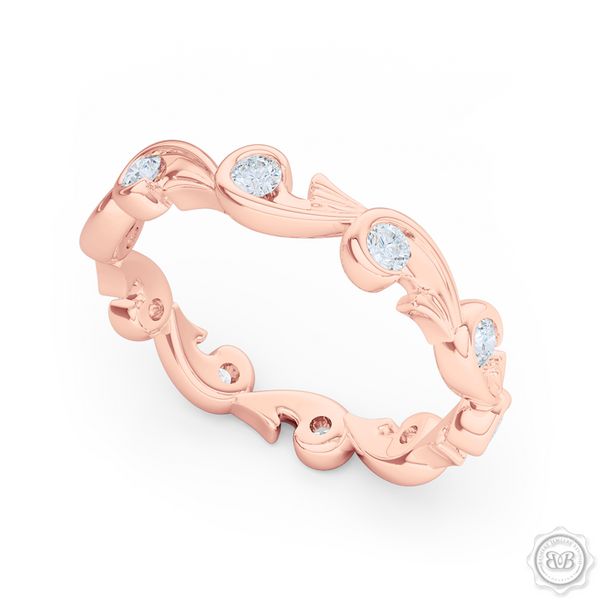 Rose-Vine Motif Eternity Diamond Wedding Band. Handcrafted in Romantic Rose Gold, and adorned with Round Brilliant  Diamonds. Free Shipping for All USA Orders. 30Day Returns | BASHERT JEWELRY | Boca Raton, Florida