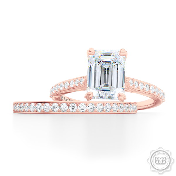 Classic Emerald Cut Solitaire Ring. Handcrafted in two-tone Rose Gold and Platinum. Charles & Colvard Forever One Emerald-cut Moissanite. Elegant, Bead-Set Diamond Shoulders. Free Shipping USA. 30-Day Returns | BASHERT JEWELRY | Boca Raton, Florida