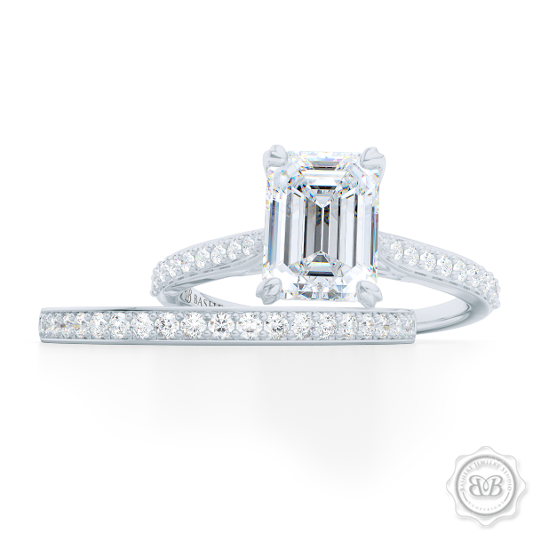Classic Emerald Cut Diamond Solitaire Ring. Handcrafted in White Gold or Platinum. GIA Certified Diamond. Elegant, Bead-Set Diamond Shoulders. Free Shipping USA. 30-Day Returns | BASHERT JEWELRY | Boca Raton, Florida