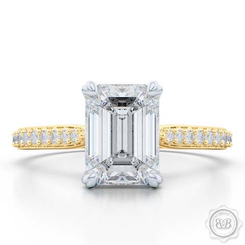 Classic Emerald Cut Solitaire Ring. Handcrafted in two-tone Yellow Gold and Platinum. Charles & Colvard Forever One Emerald-cut Moissanite. Elegant, Bead-Set Diamond Shoulders. Free Shipping USA. 30-Day Returns | BASHERT JEWELRY | Boca Raton, Florida