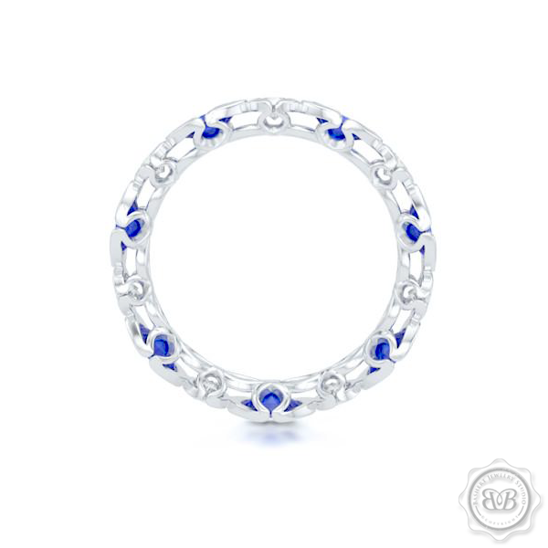 Sapphire and Diamond Eternity band. Handcrafted in White Gold or Precious Platinum. Adorned with array of Round Diamond and Oval Blue Sapphires. Geometrical Wedding, Eternity, Stackable Band that can be customized with gemstones of your choice. Free Shipping on All USA Orders. 30-Day Returns | BASHERT JEWELRY | Boca Raton, Florida