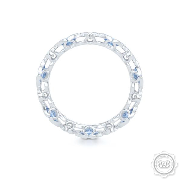 Unique Eternity Ring. Handcrafted in White Gold or Precious Platinum. Adorned with array of Round Diamond and Oval Ocean Blue Aquamarines. Geometrical Wedding, Eternity, Stackable Band that can be customized with gemstones of your choice. Free Shipping on All USA Orders. 30-Day Returns | BASHERT JEWELRY | Boca Raton, Florida