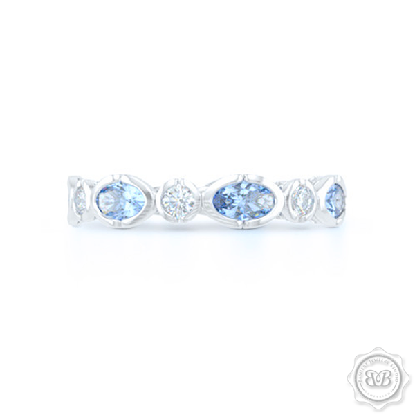Unique Aquamarine and Diamond Eternity Ring. Handcrafted in White Gold or Precious Platinum. Adorned with array of Round Diamond and Oval Ocean Blue Aquamarines. Geometrical Wedding, Eternity, Stackable Band that can be customized with gemstones of your choice. Free Shipping on All USA Orders. 30-Day Returns | BASHERT JEWELRY | Boca Raton, Florida