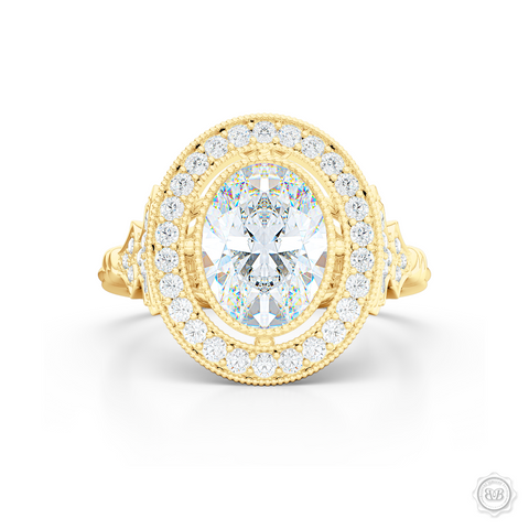 Floating Oval Diamond Halo Engagement Ring. Vintage inspired lines, handcrafted in Classic Yellow Gold. GIA certified Oval Diamond. Halo and shoulders finished in classic french milgrain, bringing a refine art-deco silhouette to this design.  Free Shipping on All USA Orders. 30-Day Returns | BASHERT JEWELRY | Boca Raton, Florida