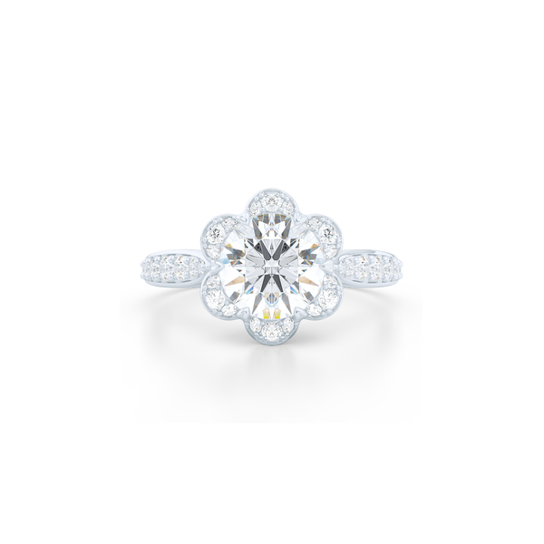 Flower inspired Round Moissanite Halo Engagement Ring. Handcrafted in Solid, Sustainable,  White Gold or Precious Platinum and Charles & Colvard Round Brilliant Moissanite.  Free Shipping USA. 15 Day Returns | BASHERT JEWELRY | Boca Raton, Florida