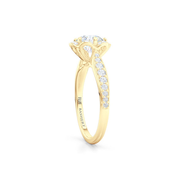 Flower inspired Round Moissanite Halo Engagement Ring. Hand-fabricated in Solid, Sustainable,  Yellow Gold and Charles & Colvard Round Brilliant Moissanite.  Free Shipping USA. 15 Day Returns | BASHERT JEWELRY | Boca Raton, Florida