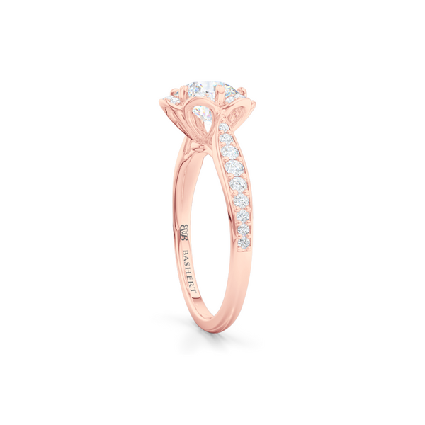 Flower inspired, six-prong, Round Halo Engagement Ring. Hand-fabricated in solid, sustainable, 18K Rose Gold and GIA Certified Round Brilliant Diamond.  Free Shipping USA. 15 Day Returns | BASHERT JEWELRY | Boca Raton, Florida