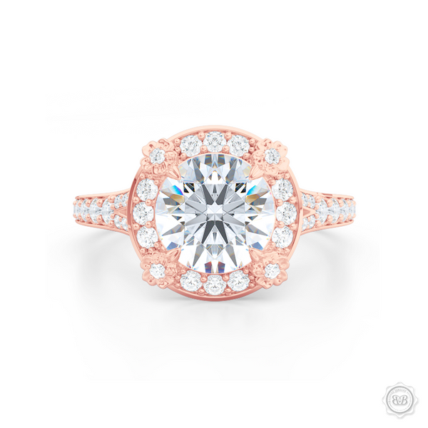Flower inspired Round Diamond Halo Engagement ring with a vintage appeal, set in Romantic Rose Gold. Signature floret prongs, dazzling baby-split ring shoulders. Gia certified Round Brilliant Diamond. Free Shipping USA. 30-Day Returns | BASHERT JEWELRY | Boca Raton, Florida.