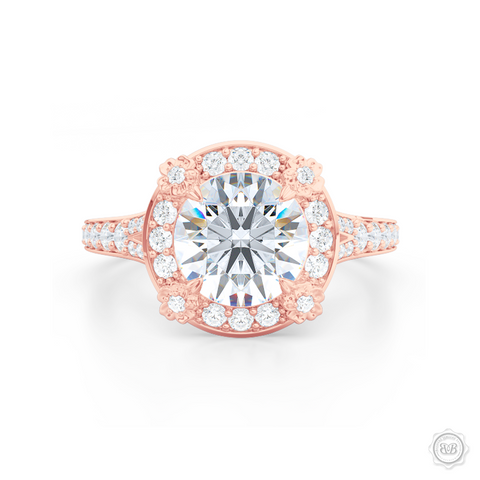 Flower inspired Round Diamond Halo Engagement ring with a vintage appeal, set in Romantic Rose Gold. Signature floret prongs, dazzling baby-split ring shoulders. Gia certified Round Brilliant Diamond. Free Shipping USA. 30-Day Returns | BASHERT JEWELRY | Boca Raton, Florida.