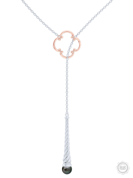Akoya Black Pearl Lariat Necklace in Silver and Rose Gold Venetian Accent. Free Shipping USA. 30Day Returns. Free Silver Chain | BASHERT JEWELRY | Boca Raton Florida