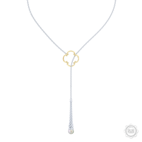 Akoya White Pearl Lariat Necklace in Silver and Yellow Gold Venetian Accent. Free Shipping USA. 30Day Returns. Free Silver Chain | BASHERT JEWELRY | Boca Raton Florida