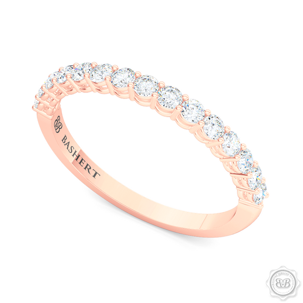 Dainty halfway-diamond wedding ring. Handcrafted in Romantic Rose Gold and round brilliant diamonds set in share-prong setting.  Free Shipping for All USA Orders. 30-Day Returns | BASHERT JEWELRY | Boca Raton, Florida