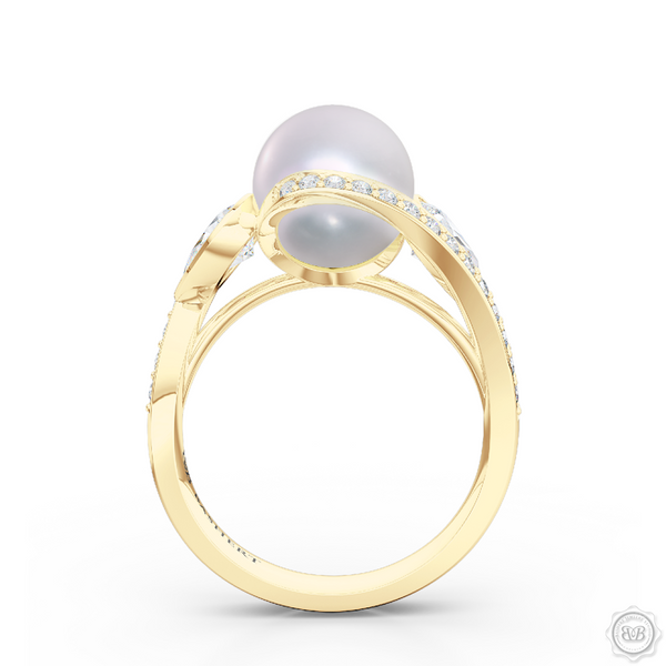 Unique Infinity Pearl Engagement Ring handcrafted in Classic Yellow Gold. Award-winning design featuring dazzling 10.00mm Cultured Akoya Pearl, accentuated by matching GIA Certified, Pear Shaped Diamonds. The infinity intertwined shoulders of the ring are adorned with Round Brilliant diamonds, set in classic bead-set. Free Shipping for All USA Orders. 30Day Returns | BASHERT JEWELRY | Boca Raton, Florida