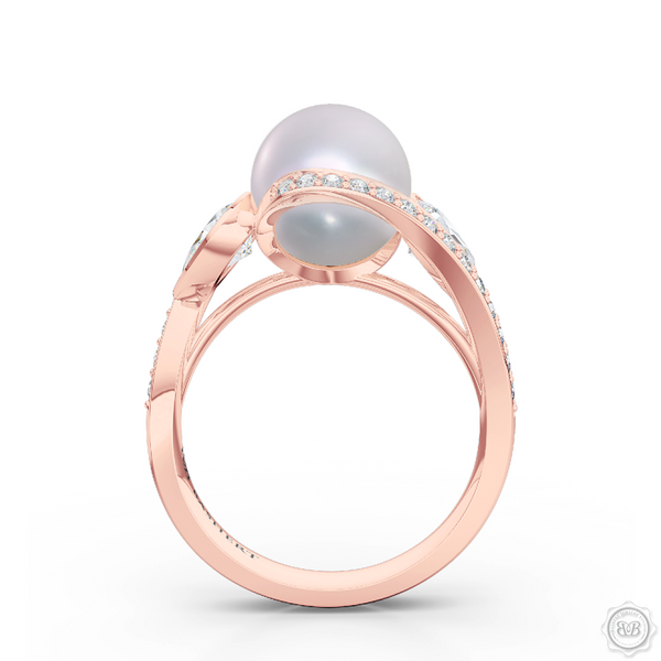 Unique Infinity Pearl Engagement Ring handcrafted in Romantic Rose Gold. Award-winning design featuring dazzling 10.00mm Cultured Akoya Pearl, accentuated by matching GIA Certified, Pear Shaped Diamonds. The infinity intertwined shoulders of the ring are adorned with Round Brilliant diamonds, set in classic bead-set. Free Shipping for All USA Orders. 30Day Returns | BASHERT JEWELRY | Boca Raton, Florida