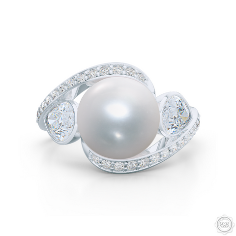 Unique Infinity Pearl Engagement Ring handcrafted in White Gold or Precious Platinum. Award-winning design featuring dazzling 10.00mm Cultured Akoya Pearl, accentuated by matching GIA Certified, Pear Shaped Diamonds. The infinity intertwined shoulders of the ring are adorned with Round Brilliant diamonds, set in classic bead-set. Free Shipping for All USA Orders. 30Day Returns | BASHERT JEWELRY | Boca Raton, Florida