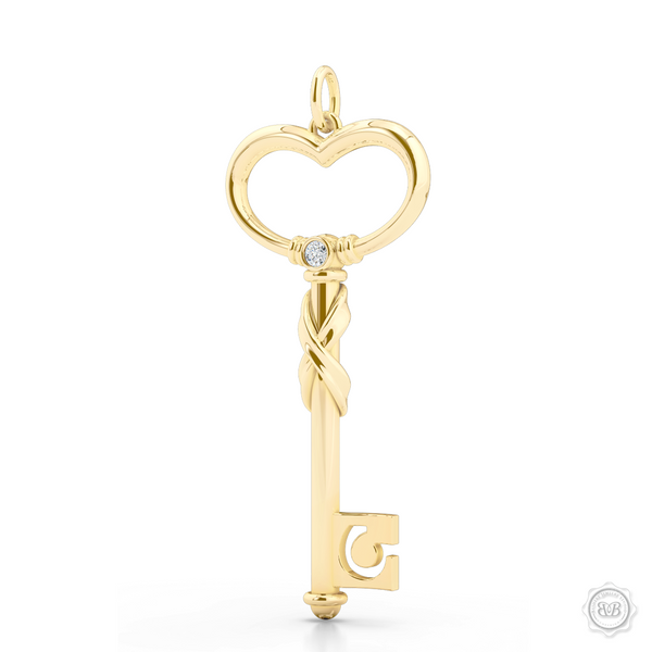 Heart Key Pendant Necklace with an Infinity Twist. Handcrafted in Classic Yellow Gold. Style this design with a gem of your choice to create a unique look that's exactly you. Available in two sizes. Free Shipping USA. 30Day Returns. Free Silver Chain | BASHERT JEWELRY | Boca Raton Florida