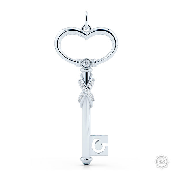 Heart Key Pendant Necklace with a Diamond Adorned Infinity Twist. Handcrafted in Sterling Silver or White Gold. Style this design with a gem of your choice to create a unique look that's exactly you. Available in two sizes. Free Shipping USA. 30Day Returns. Free Silver Chain | BASHERT JEWELRY | Boca Raton Florida