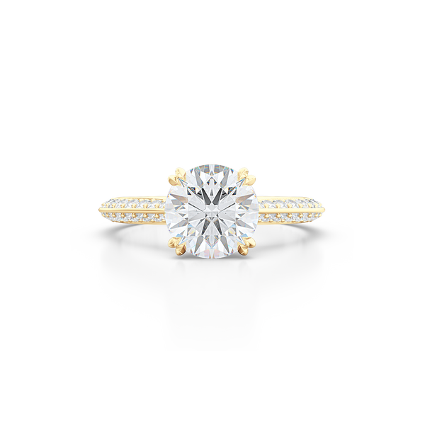 A classic Knife-edge Solitaire Engagement Ring with a recessed hidden diamond halo. Hand fabricated in Classic Yellow Gold. 100%  recycled, sustainable, precious metals.  Round Brilliant Forever One Moissanite by Charles & Colvard.  Free Shipping on All USA Orders. 15 Days Returns | BASHERT JEWELRY | Boca Raton, Florida