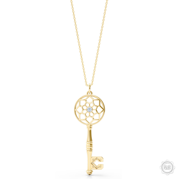 Ornate Diamond Adorned Key Pendant tribute to the Moorish Architectural Splendor of Northern Africa and Andalusía. Crafted in Classic Yellow Gold. Available in two sizes. Free Shipping USA. 30Day Returns. Free Silver Chain | BASHERT JEWELRY | Boca Raton Florida