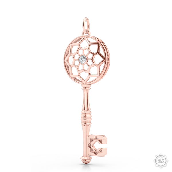 Ornate Diamond Adorned Key Pendant tribute to the Moorish Architectural Splendor of Northern Africa and Andalusía. Crafted in Romantic Rose Gold. Available in two sizes. Free Shipping USA. 30Day Returns. Free Silver Chain | BASHERT JEWELRY | Boca Raton Florida