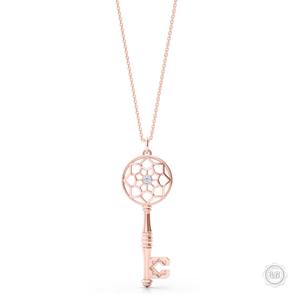 Ornate Diamond Adorned Key Pendant tribute to the Moorish Architectural Splendor of Northern Africa and Andalusía. Crafted in Romantic Rose Gold. Available in two sizes. Free Shipping USA. 30Day Returns. Free Silver Chain | BASHERT JEWELRY | Boca Raton Florida