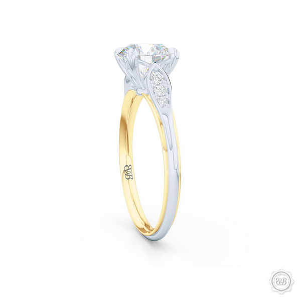 Round Diamond Solitaire Engagement Ring with Vintage appeal. Handcrafted in two-tone Yellow and White Gold.  GIA certified Round Brilliant Diamond.  Free Shipping USA. 30-Day Returns | BASHERT JEWELRY | Boca Raton, Florida.