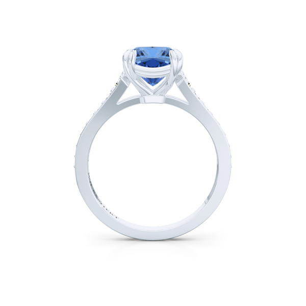 Vintage inspired, cushion cut Sapphire Solitaire Engagement Ring. Hand-fabricated in Precious Platinum. Classic French Pavé set diamond shoulders. Free Shipping for All USA Orders. 15 Day Returns | BASHERT JEWELRY | Boca Raton, Florida