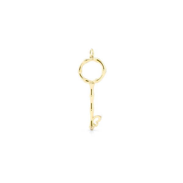 Bamboo inspired, Yellow Gold Key Pendant. Delicate Butterfly accent. Hand-fabricated in sustainable, solid, 14K Gold. Key pendants are a classic jewelry statement for girls of all ages. Free Shipping for All US Orders. 15 Day Returns | BASHERT JEWELRY | Boca Raton Florida