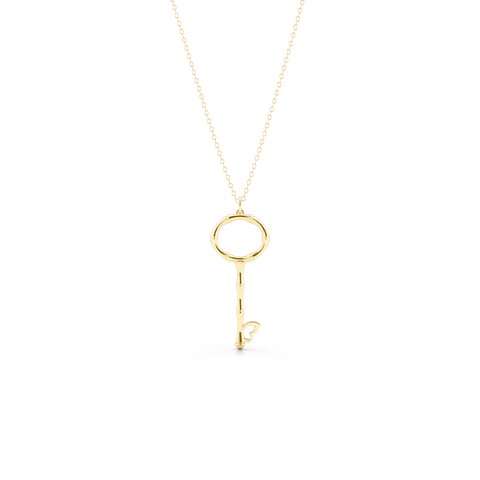Bamboo inspired, Yellow Gold Key Pendant. Delicate Butterfly accent. Hand-fabricated in sustainable, solid, 18K Gold. Key pendants are a classic jewelry statement for girls of all ages. Free Shipping for All US Orders. 15 Day Returns | BASHERT JEWELRY | Boca Raton Florida