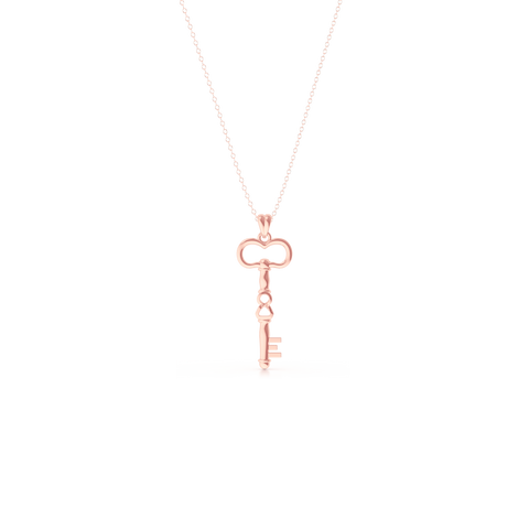 A unique skeleton key pendant necklace with an infinity detail. Hand-fabricated in solid, sustainable 14K Rose Gold. Available in three sizes.  Free Shipping for All USA Orders. 15-Day Returns | BASHERT JEWELRY | Boca Raton, Florida