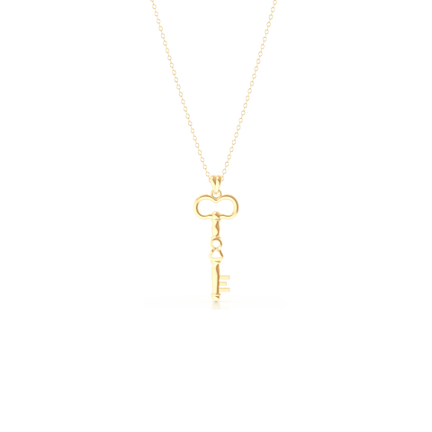 A unique skeleton key pendant necklace with an infinity detail.  Hand-fabricated in solid, sustainable 14K Yellow Gold. Available in three sizes.  Free Shipping for All USA Orders. 15-Day Returns | BASHERT JEWELRY | Boca Raton, Florida