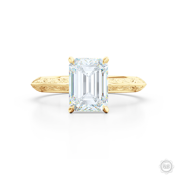 Solitaire Engagement Ring. Emerald Step-Cut GIA Certified Excellent Graded Diamond. Handcrafted in Classic Yellow Gold. The uniquely structured, soft bevel, shoulders of the ring are ornate with hand-carved baroque swirls. Free Shipping for All USA Orders. 30-Day Returns | BASHERT JEWELRY | Boca Raton, Florida