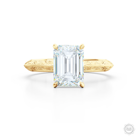 Solitaire Engagement Ring. Emerald Step-Cut GIA Certified Excellent Graded Diamond. Handcrafted in Classic Yellow Gold. The uniquely structured, soft bevel, shoulders of the ring are ornate with hand-carved baroque swirls. Free Shipping for All USA Orders. 30-Day Returns | BASHERT JEWELRY | Boca Raton, Florida