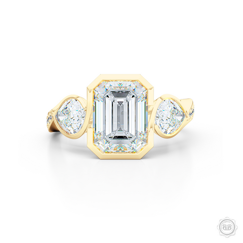 Three stone Diamond engagement ring. Emerald Cut GIA certified Diamond. Pear shape side stones. Handcrafted in Classic Yellow Gold. Free Shipping on All USA Orders. 30-Day Returns | BASHERT JEWELRY | Boca Raton, Florida