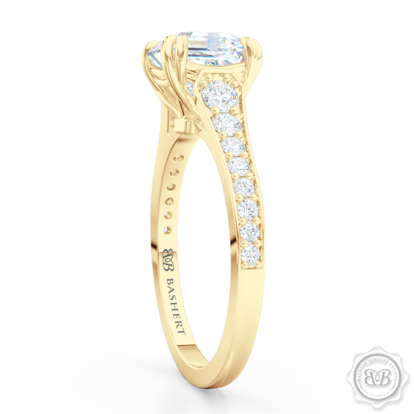 Vintage-Inspired Asscher Cut Diamond Solitaire Engagement Ring handcrafted in Classic Yellow Gold. Bead-Set Diamond Shoulders. GIA Certified Diamond. Free Shipping USA. 30-Day Returns | BASHERT JEWELRY | Boca Raton, Florida.