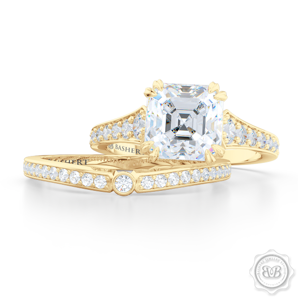 Vintage-Inspired Asscher Cut Moissanite Solitaire Engagement Ring handcrafted in Classic Yellow  Gold. Bead-Set Diamond Shoulders. Forever One Charles & Colvard Asscher-cut Moissanite. Free Shipping USA. 30-Day Returns | BASHERT JEWELRY | Boca Raton, Florida.