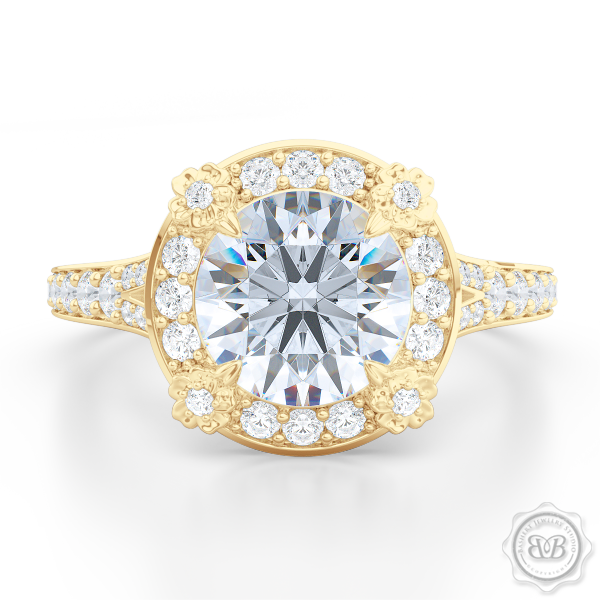 Award-Winning Round Halo Engagement Ring, crafted in Classic Yellow Gold and round brilliant Moissanite by Charles & Colvard. Signature Floret Prongs, Encrusted with Round Diamonds. Dazzling Baby-Split Bead-Set Shoulders. Free Shipping USA. 30Day Returns | BASHERT JEWELRY | Boca Raton Florida