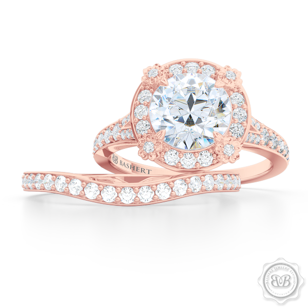 Elegantly Curved Diamond Wedding Band. Classic Bead-Set Diamonds. Handcrafted in Romantic Rose Gold. Halo Engagement Ring Set. Free Shipping for All USA Orders. 30Day Returns | BASHERT JEWELRY | Boca Raton, Florida