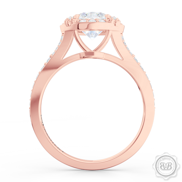 Award-Winning Round Halo Engagement Ring, crafted in Romantic Rose Gold and GIA certified, round brilliant Diamond. Signature Floret Prongs, Encrusted with Round Diamonds. Dazzling Baby-Split Bead-Set Shoulders. Free Shipping USA. 30Day Returns | BASHERT JEWELRY | Boca Raton Florida