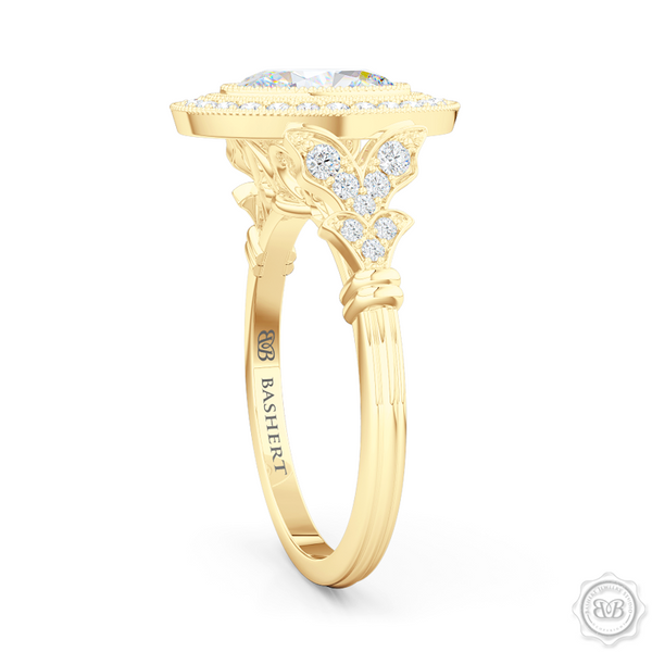 A Vintage Inspired Floating Halo Engagement Ring. Handcrafted in Classic Yellow Gold. Oval GIA certified Diamond. Classic french milgrain. Refine art-deco silhouette. Free Shipping on All USA Orders. 30-Day Returns | BASHERT JEWELRY | Boca Raton, Florida