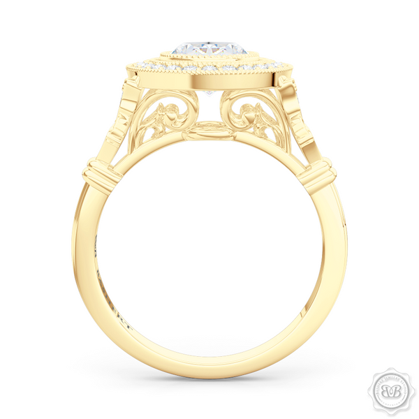 A Vintage Inspired  Floating Halo Engagement Ring. Handcrafted in Classic Yellow Gold and Oval , GIA certified Diamond. Halo crown and shoulders finished in classic french milgrain, bringing a refine art-deco silhouette to this design.  Free Shipping on All USA Orders. 30-Day Returns | BASHERT JEWELRY | Boca Raton, Florida