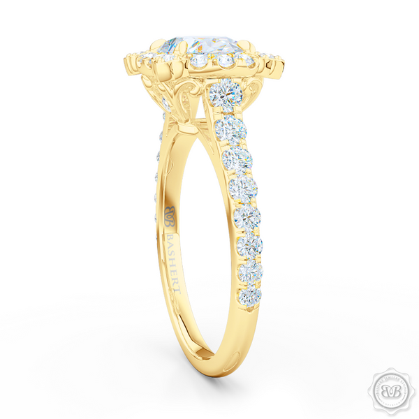 Unique, Nature-Inspired East-West Oval Halo Engagement Ring.  Handcrafted in Classic Yellow Gold. GIA Certified Oval Diamond Tailored for Your Budget. Free Shipping USA. 30-Day Returns | BASHERT JEWELRY | Boca Raton, Florida