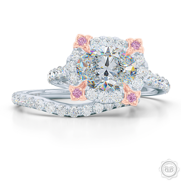 Unique, Nature-Inspired East-West Oval Halo Engagement Ring.  Handcrafted in Bright White Gold or Platinum. Tulip-floret prongs crafted in Romantic Rose Gold and Fancy, Vivid Pink Diamonds. GIA Certified Oval Diamond Tailored for Your Budget. Free Shipping USA. 30-Day Returns | BASHERT JEWELRY | Boca Raton, Florida