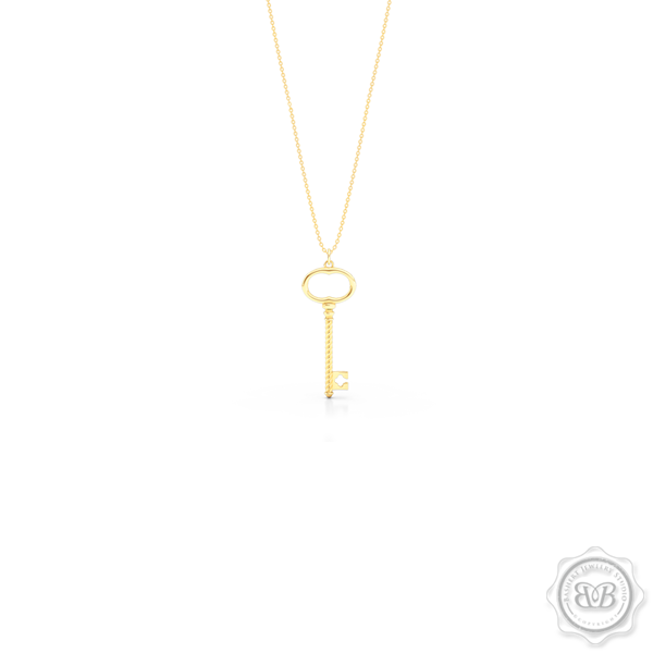 Classic Key Pendant Necklace with a clover accent. Handcrafted in Classic Yellow Gold. Available in three sizes. Free Shipping USA. 30 Day Returns. Free Silver Chain option. | BASHERT JEWELRY | Boca Raton, Florida