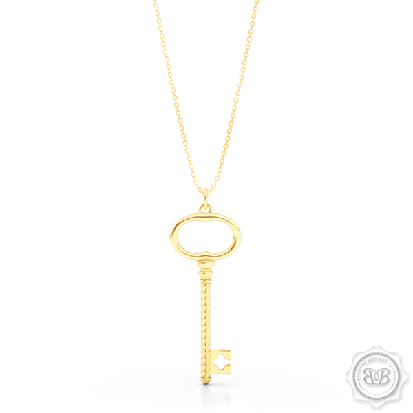Classic Key Pendant Necklace with a clover accent. Handcrafted in Classic Yellow Gold. Available in three sizes. Free Shipping USA. 30 Day Returns. Free Silver Chain option. | BASHERT JEWELRY | Boca Raton, Florida