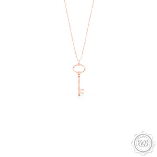 Classic Key Pendant Necklace with a clover accent. Handcrafted in Romantic Rose Gold. Available in three sizes. Free Shipping USA. 30 Day Returns. Free Silver Chain option. | BASHERT JEWELRY | Boca Raton, Florida