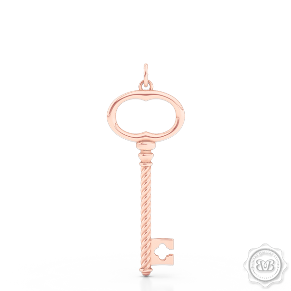 Classic Key Pendant Necklace with a clover accent. Handcrafted in Romantic Rose Gold. Available in three sizes. Free Shipping USA. 30 Day Returns. Free Silver Chain option. | BASHERT JEWELRY | Boca Raton, Florida