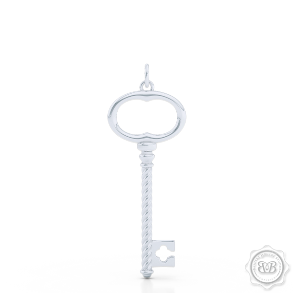 Classic Key Pendant Necklace with a clover accent. Handcrafted in Sterling Silver or White Gold. Available in three sizes. Free Shipping USA. 30 Day Returns. Free Silver Chain option. | BASHERT JEWELRY | Boca Raton, Florida